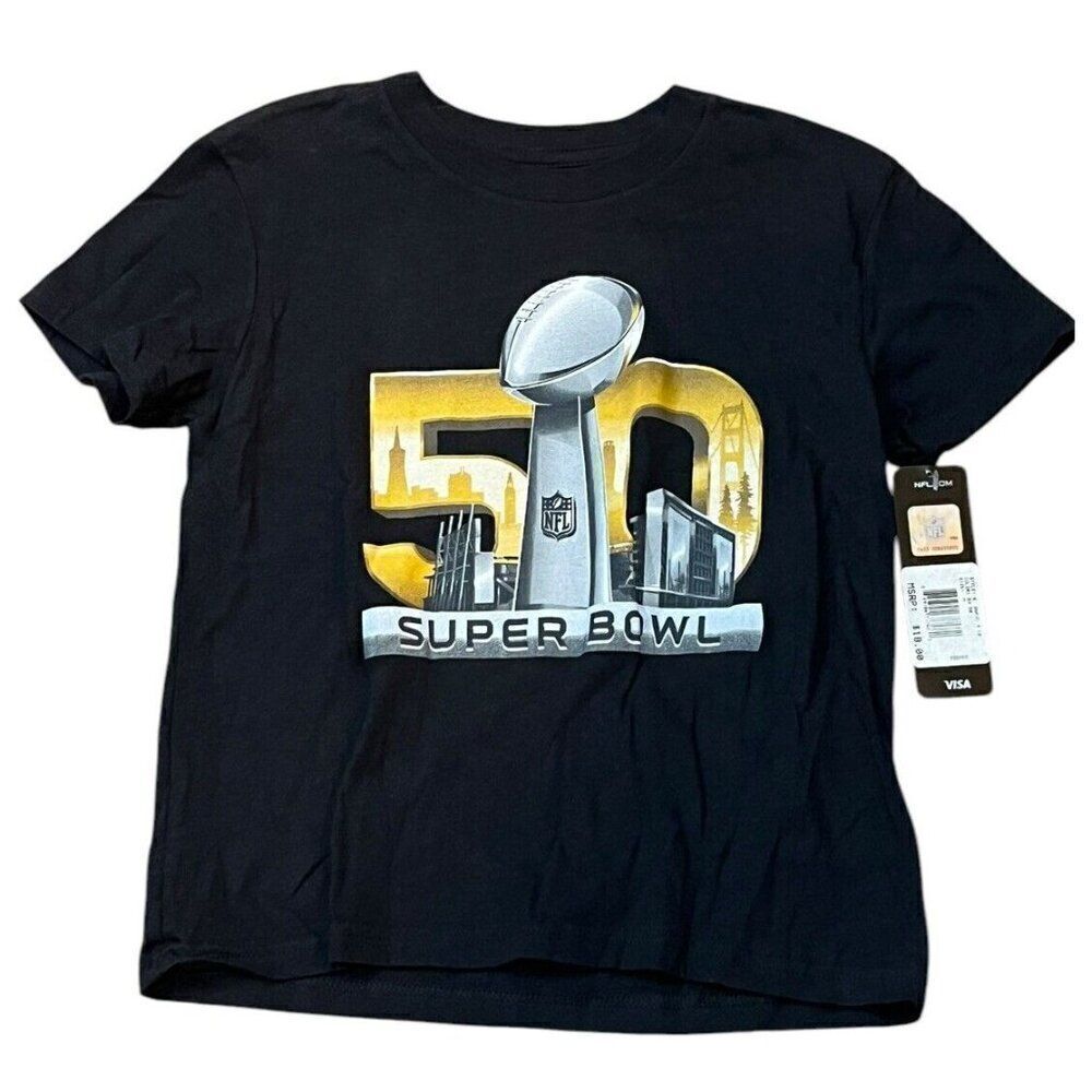 Kids Small 4 Superbowl 50 Trophy Black T Shirt 2015 NWT Broncos Panthers